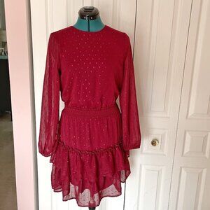 Express Sequin Sheer Long Sleeve Lightweight Ruffle Tiered Layer Lined Dress